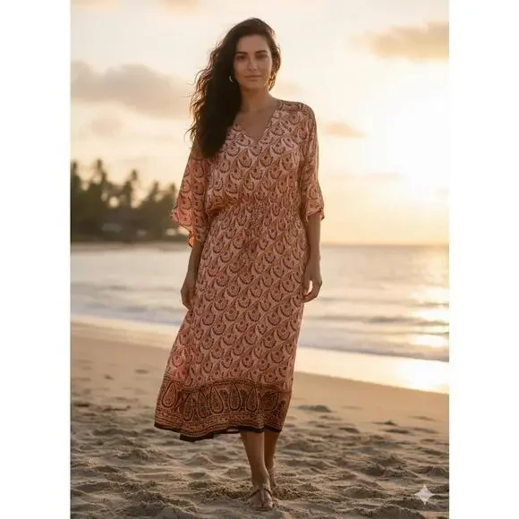 Kaftan Dress OSFM Pink Orange Bohemian Elastic Cinch Flowy - Picture 1 of 8